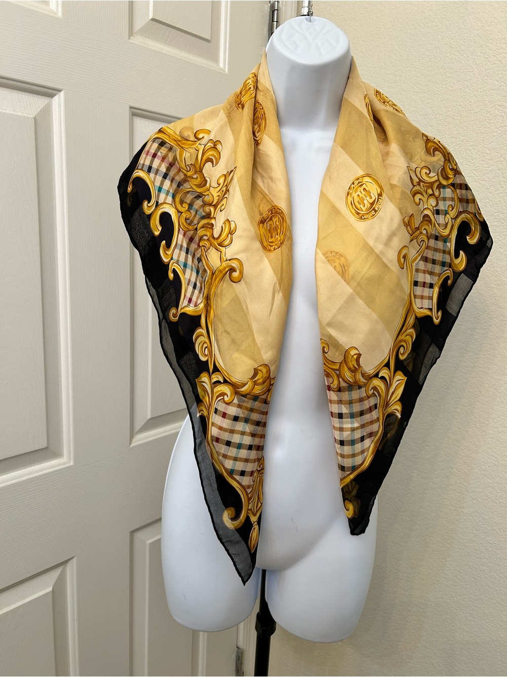 DAKS London Silk Scarf 🖤✨ Gold Baroque Scroll Check Print